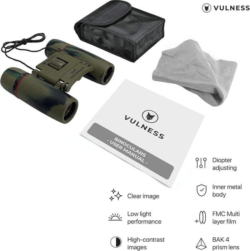 VULNESS Small Binoculars for Adults and Kids | Cruise Ship Essentials Camping Bird Watching Travel Hiking Accessories Alaska Costa Rica Must Haves Packing List High Powered Mini Compact (Camo, 8X21) - Image 5
